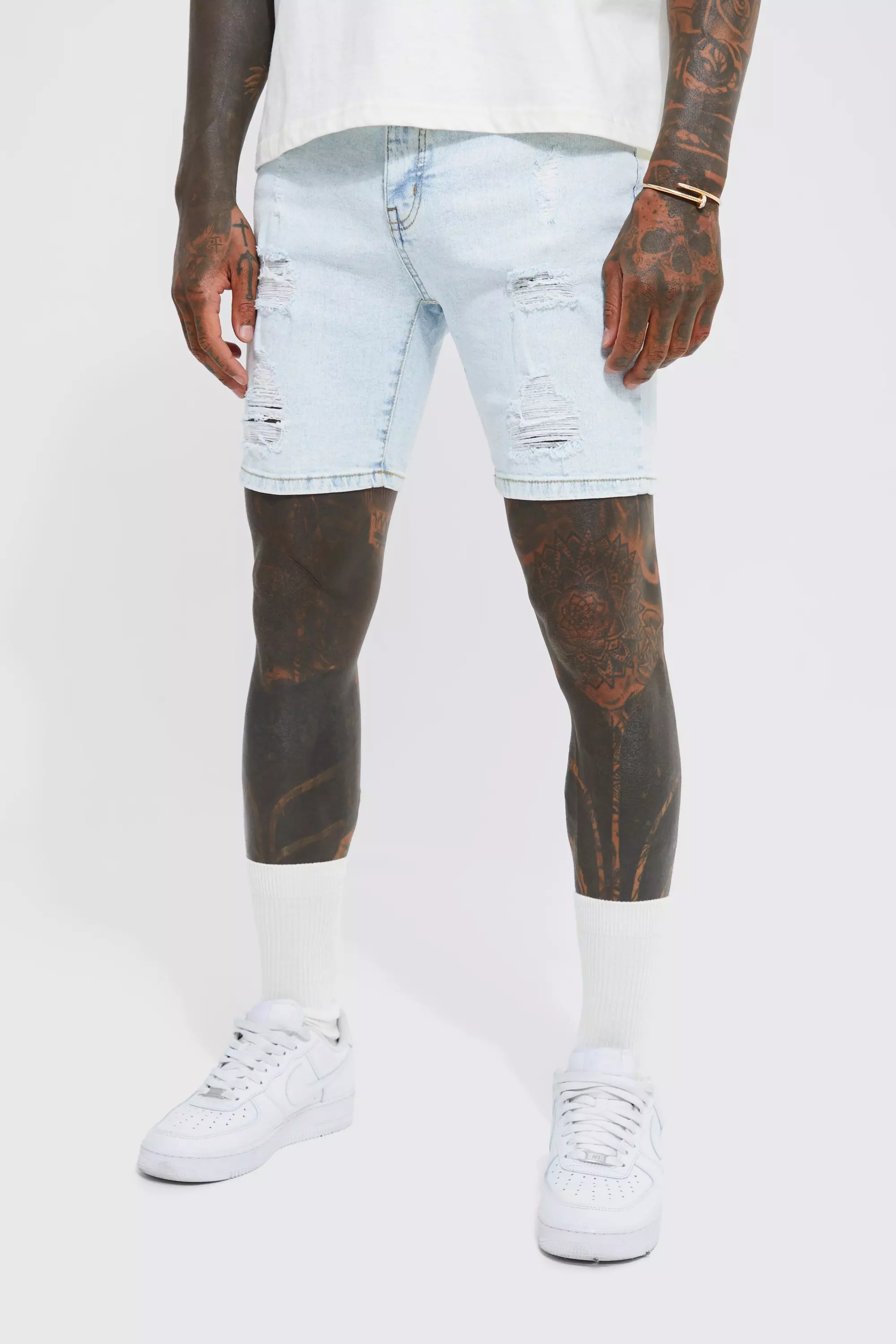 Mens white best sale ripped denim shorts